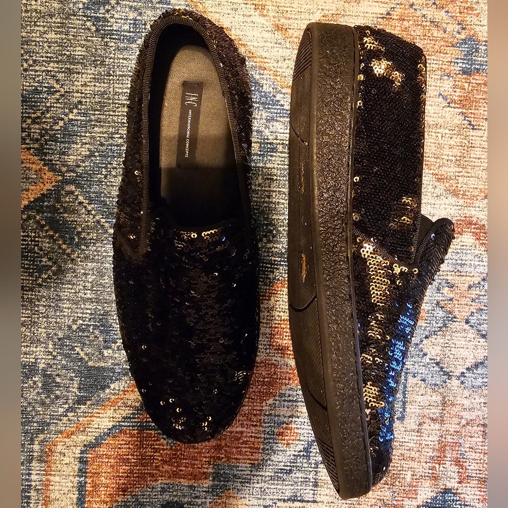 Black and gold sequin loafers men's